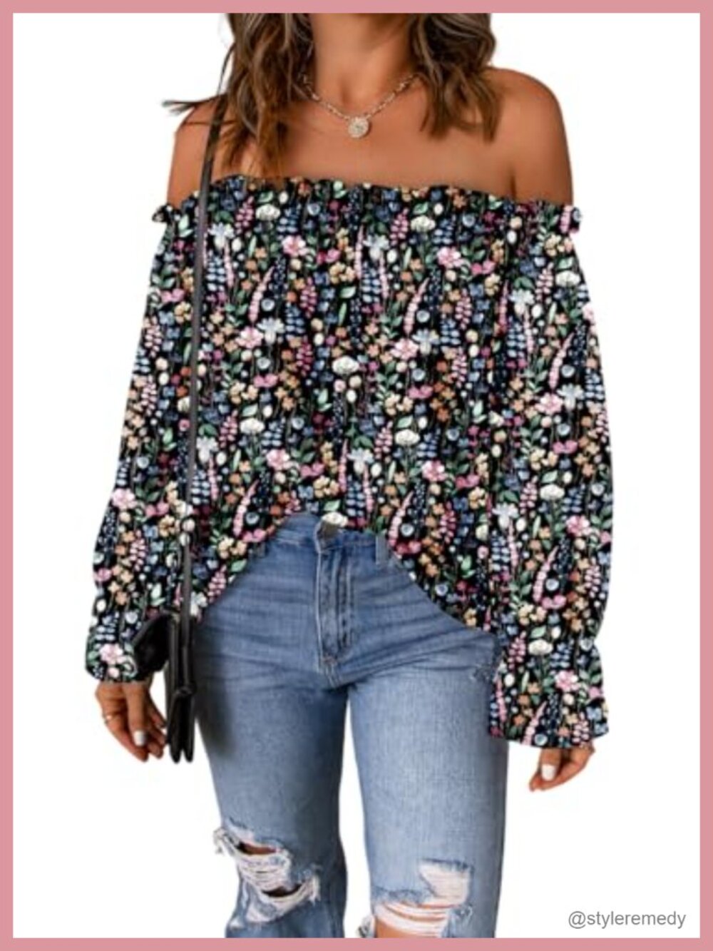 Women's Off Shoulder Chiffon Blouse Ruffle Long Sleeve Casual Loose Top